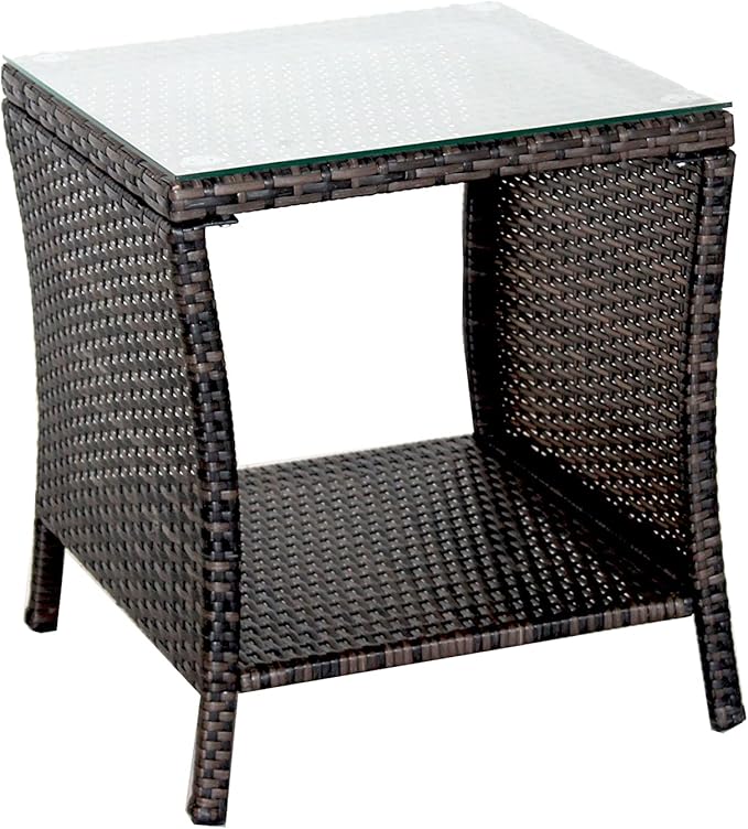 Rattan Wicker Side Table Glass Coffee Table for Outdoor Backyard Lawn Balcony Pool Square Tempered Glass Top Wicker Rattan End Table Furniture with Storage (Brown2)