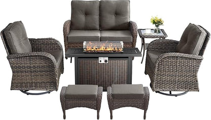 7 Pieces Outdoor Furniture with Fire Pit Deep Seating Outdoor Glider Loveseat with Patio Swivel Chairs Outdoor Furniture Set for Deck Porch Garden Balcony Poolside-Brown/Grey