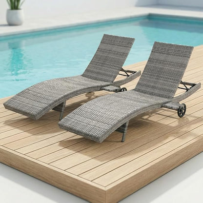 Set of 2 Outdoor Chaise Lounge Chairs with Wheels, Pull-Out Side Table, 5-Position Adjustable Backrest, All-Weather Wicker Patio Pool Lounge Chairs for Poolside, Backyard, Deck, Grey