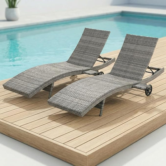 Set of 2 Outdoor Chaise Lounge Chairs with Wheels, Pull-Out Side Table, 5-Position Adjustable Backrest, All-Weather Wicker Patio Pool Lounge Chairs for Poolside, Backyard, Deck, Grey