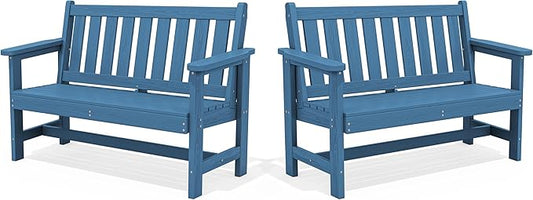 SERWALL HDPE Outdoor Benches Weatherproof, 2-Person Garden Bench with 660 lbs Weight Capacity, Patio Benches for Outdoors, Garden, Porch, Park, Navy, 2 Pack