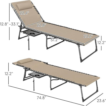 Outsunny Folding Chaise Lounge Chair Outdoor Tanning Chair with Side Table, 5-Level Adjustable Beach Lounge Chair with Headrest, Side Pocket for Patio, Backyard, Beach, Poolside, Beige