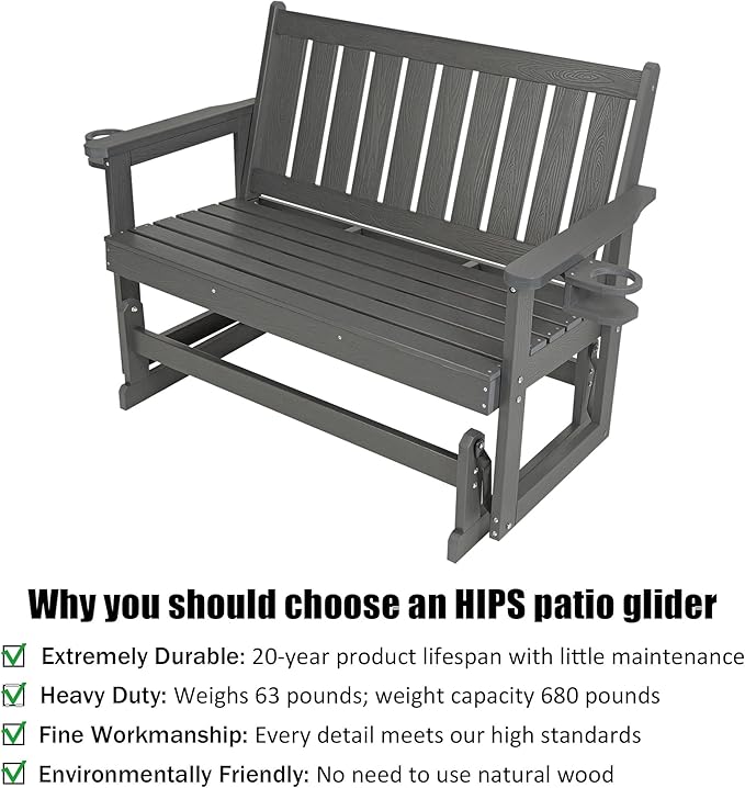 Poly Lumber Patio Glider, HIPS Material Weather-Resistant Swing Bench for Outdoor Porch Garden, Gray - Photo 3