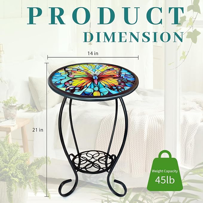 LIFFY Outdoor Side Table, 14" Round Mosaic Patio Table with Glass Butterfly Tabletop - Photo 3