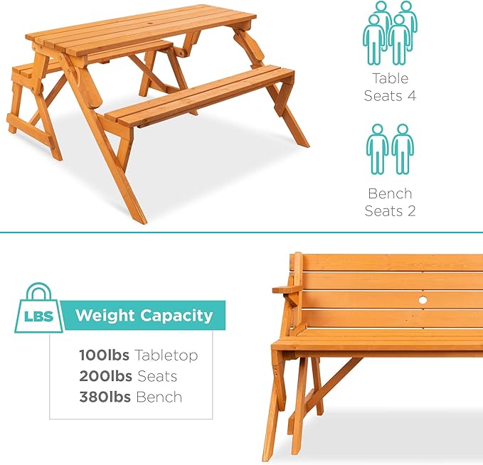 Best Choice Products 2-in-1 Transforming Interchangeable Outdoor Wooden Picnic Table Garden Bench for Backyard, Porch - Photo 6
