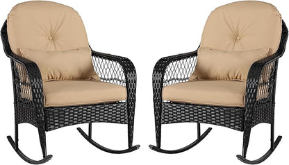 Outdoor Wicker Rocking Chair, 2 Piece PE Rattan Rocker Set with Cushion & Pillow, Outdoor Rocking Furniture for Garden, Porch, Backyard, Poolside (Black Rattan+Khaki Cushion)