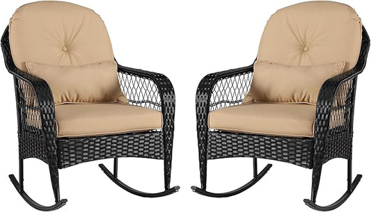 Outdoor Wicker Rocking Chair, 2 Piece PE Rattan Rocker Set with Cushion & Pillow, Outdoor Rocking Furniture for Garden, Porch, Backyard, Poolside (Black Rattan+Khaki Cushion)