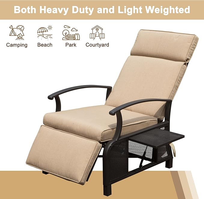 Domi Adjustable Patio Recliner Chair Metal Outdoor Lounge Chair with Flip Table Push Back, Adjustable Angle, Removable Cushions, Support 350lbs, Beige