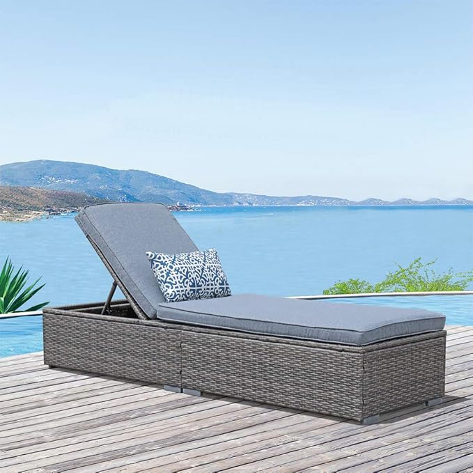 JOIVI Outdoor Chaise Lounge Chair, All-Weather PE Wicker Patio Chairs Pool Lounge Chairs for Outside, Gray Rattan Reclining Outdoor Chair with Adjustable Backrest and Removable Grey Cushion
