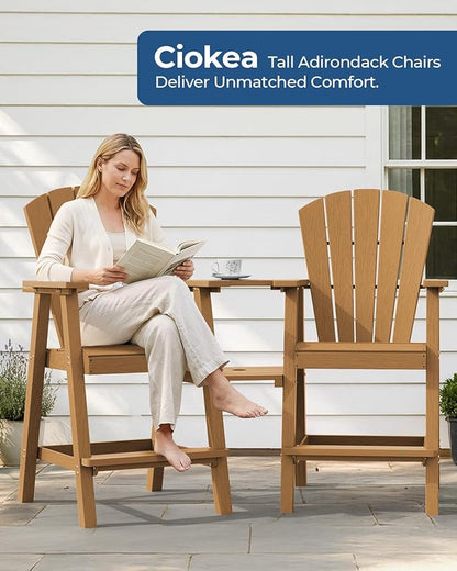 Ciokea Tall Adirondack Chairs Set of 4, HDPE Outdoor Adirondack Bar Stools with Double Connecting Tray, Weather Resistant High Back Adirondack Balcony Chairs for Deck, Lawn, Pool, Backyard, Teak