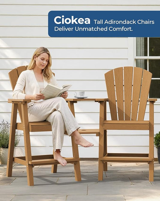 Ciokea Tall Adirondack Chairs Set of 4, HDPE Outdoor Adirondack Bar Stools with Double Connecting Tray, Weather Resistant High Back Adirondack Balcony Chairs for Deck, Lawn, Pool, Backyard, Teak