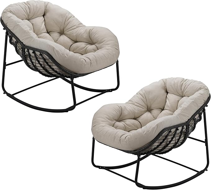 Outdoor Rocking Chairs Set of 2, Oversized Rattan Royal Rocking Chair with Padded Cushion, Rocker Egg Chair for Patio, Front Porch, Backyard, Beige