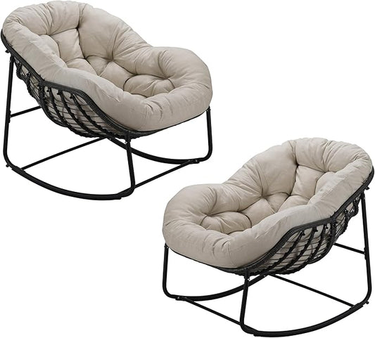 Outdoor Rocking Chairs Set of 2, Oversized Rattan Royal Rocking Chair with Padded Cushion, Rocker Egg Chair for Patio, Front Porch, Backyard, Beige