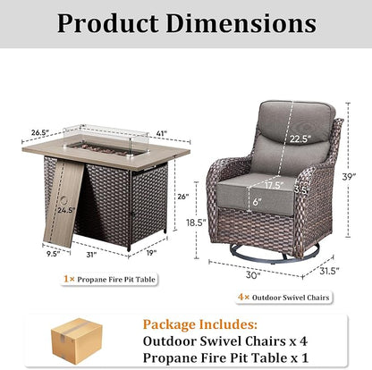 Luxury High Back Patio Furniture Set Fire Pit Table with 6-Inch Thick Cushions, 5-Pieces Outdoor Furniture w/ 4 Swivel Chairs, Wicker Conversation Set for Porch, Balcony, Deck and Yard, Brown/Grey