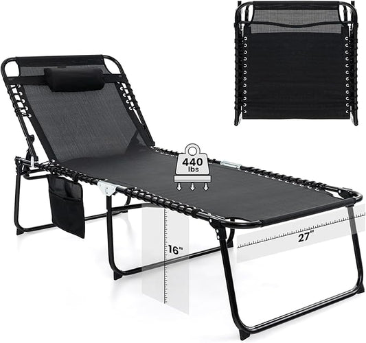 GYMAX Lounge Chair for Outside, 440lbs 27” Oversize Folding Beach Tanning Sunbath Chair with Adjustable Backrest & Removable Pillow, Lightweight Portable Patio Lounger for Lawn Poolside (1, Black)