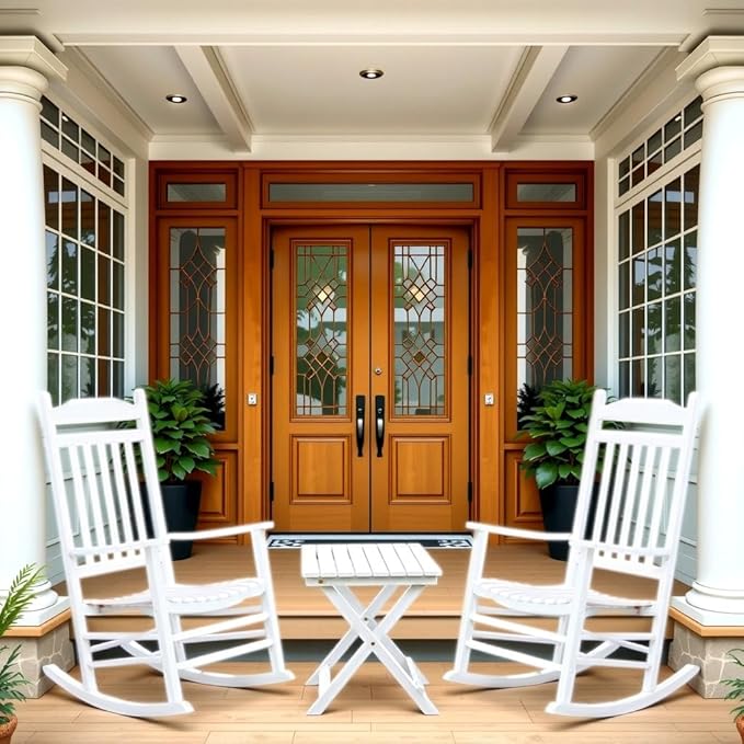 White Porch Rockers 3 Piece Outdoor Wooden Adults Furniture Set with 2 Rocking Chair and 1 Outdoor Side Table for Patio Lounge Balcony