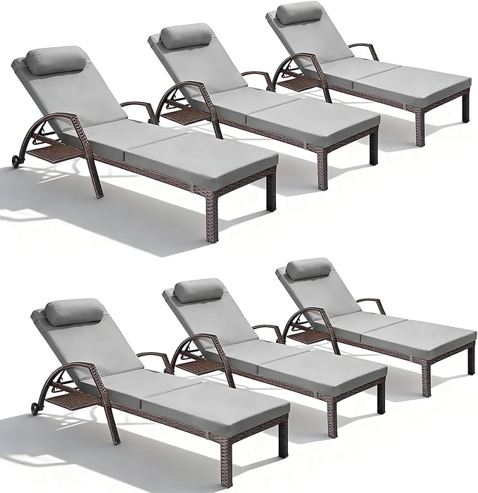 Patio Chaise Lounge Chairs Set of 6 Wicker Pool Lounge Chairs Outdoor with 5 Adjustable Back & Removable Cushion & Tray Tanning Chair Sun Loungers for Patio Poolside Deck Beach