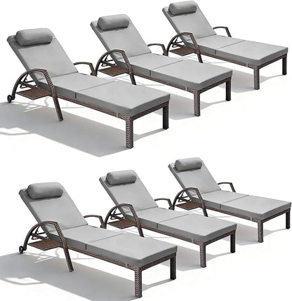 Patio Chaise Lounge Chairs Set of 6 Wicker Pool Lounge Chairs Outdoor with 5 Adjustable Back & Removable Cushion & Tray Tanning Chair Sun Loungers for Patio Poolside Deck Beach