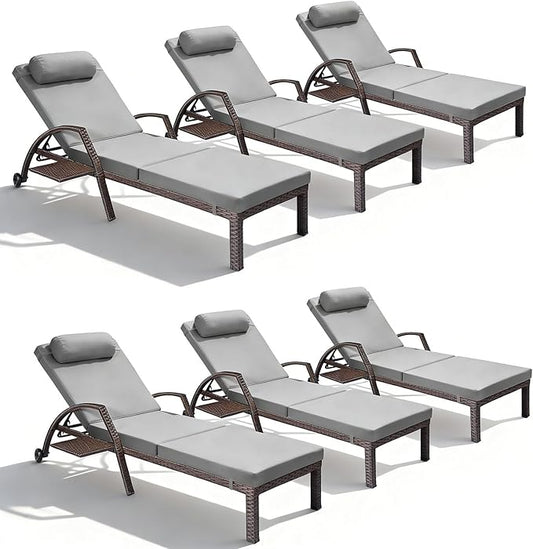 Patio Chaise Lounge Chairs Set of 6 Wicker Pool Lounge Chairs Outdoor with 5 Adjustable Back & Removable Cushion & Tray Tanning Chair Sun Loungers for Patio Poolside Deck Beach