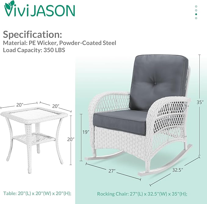VIVIJASON 3-Piece Outdoor Conversation Bistro Set, Patio Wicker Rocking Chairs Rattan Furniture Sets w/ 2 Rattan Chairs - Photo 2
