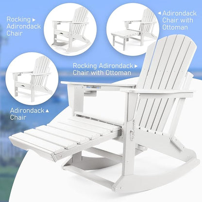 FUNBERRY Adirondack Rocking Chair, Multifunctional 4-in-1 Porch Rocker with Retractable Ottoman & Cup Holder HDPE All Weather