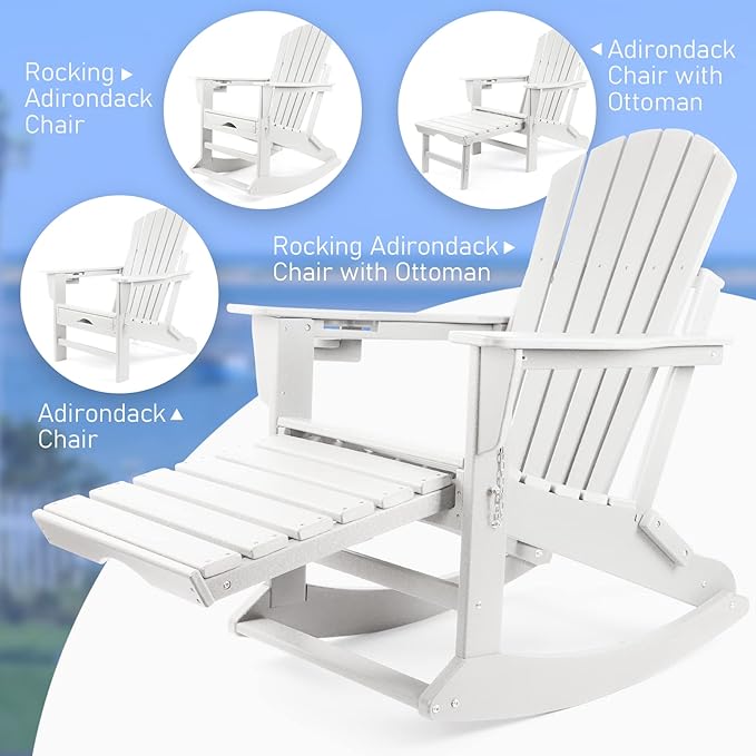 FUNBERRY Adirondack Rocking Chairs Set of 2, Multifunctional 4-in-1 Porch Rocker with Retractable Ottoman & Cup Holder HDPE All Weather