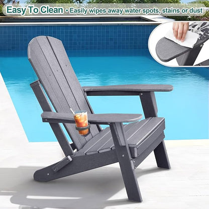 ATR ART TO REAL Folding Adirondack Chairs, HDPE Weather Resistant Outdoor Firepit Chairs with Cup Holder, Patio Folding Chairs for Garden, Lawn, Backyard, Deck, Fire Pit(Grey)