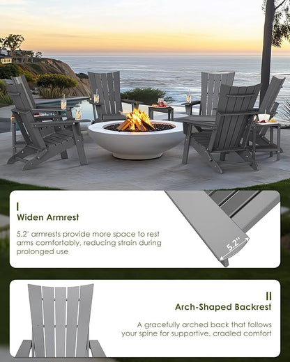 GREENVINES Folding-Adirondack-Chairs-Set-of-2 | HDPE Plastic | Arch Series | Fire Pit Chair | with Connecting Tray | Removable Table | All Weather | for Outdoor Patio Deck Poolside | Grey
