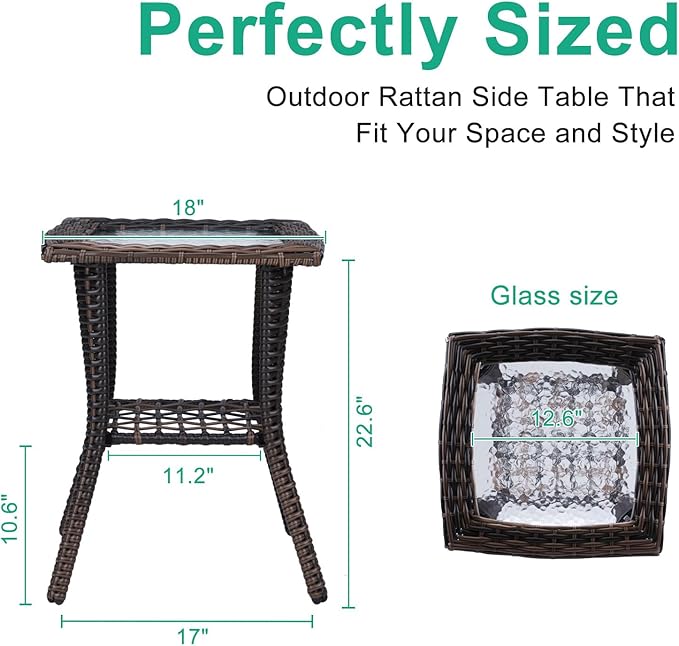Outdoor Side Table with Storage Wicker Patio Side Table, Tempered Glass Top End Table for Balcony Porch Deck (Brown)