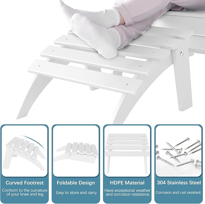 Adirondack Ottoman Set of 4, Folding Adirondack Ottoman for Adirondack Chair, HDPE All Weather Outdoor Footstool for Patio, Backyard, Porch, Garden, White