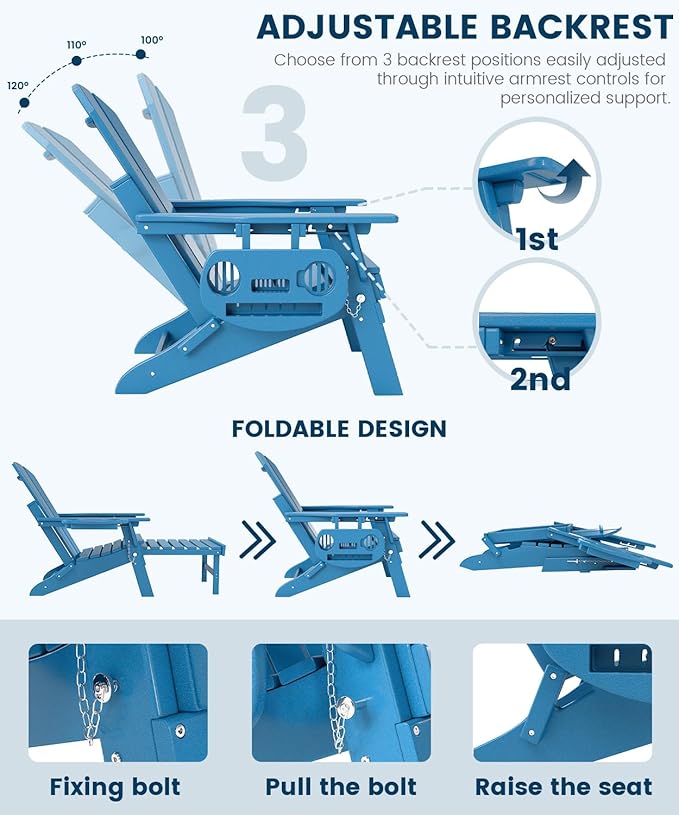 FOOWIN Folding Adjustable Adirondack Chair with Retractable Ottoman Set of 8, HDPE Adirondack Chair w/4 in 1 Cup Holder Trays,All-Weather Resistant Fire Pit Chair for Outdoor Patio Lawn, Pacific Blue