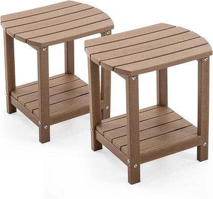 Adirondack Small Outdoor Side Table - Weatherproof HDPE Patio End Table with 2-Tier Storage for Firepit, Balcony, Garden, Poolside or Bathroom (Brown, Set of 2)