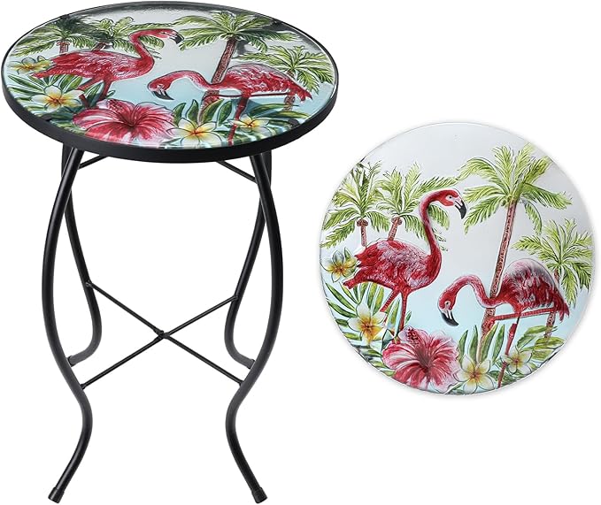 VCUTEKA Patio Side Table Outdoor Accent Table Small Mosaic Table Coffee Table End Porch Indoor Outdoor Round Glass Balcony Bistro Three Flamingos 14 inches