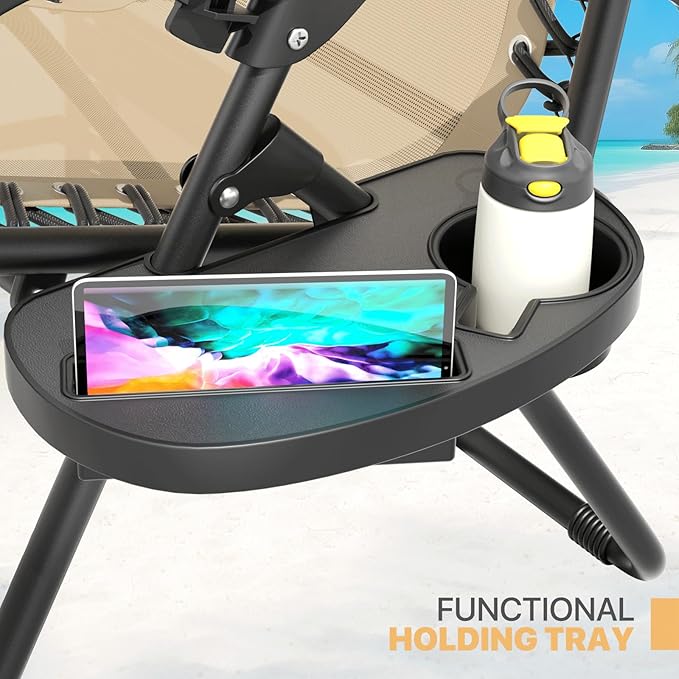 Magshion Folding Zero Gravity Chairs Set of 2, Outdoor Reclining Camping Chairs, Patio Lounge Recliners with Side Table & Cup Holder Tray, Cream