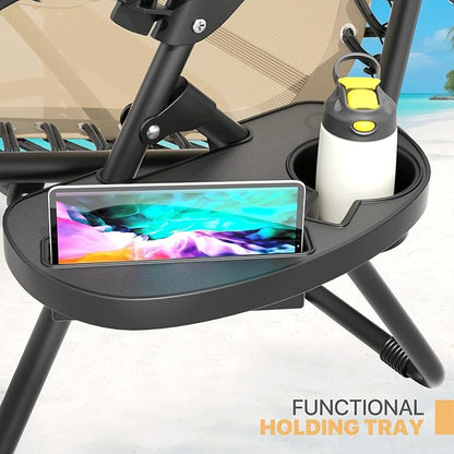 Magshion Folding Zero Gravity Chairs Set of 2, Outdoor Reclining Camping Chairs, Patio Lounge Recliners with Side Table & Cup Holder Tray, Cream
