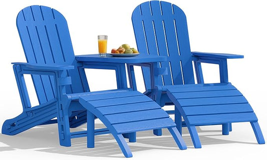 Vongrasig Adirondack Chairs Set of 2 with Removable Tabletop and Footrest, All-Weather HDPE Outdoor Chair Set with Wooden Textured, Cup Holder for Patio, Poolside, Deck, Garden, Light Blue