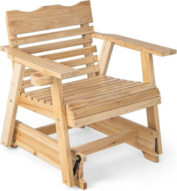 Tangkula Outdoor Fir Wood Glider Chair, Outdoor Swing Chair with Rotatable Hidden Cup Holder and Curved Seat - Photo 1