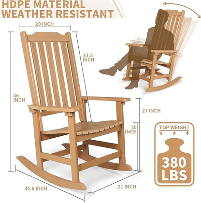 Outdoor Rocking Chairs Set of 2, Oversized All Weather High Back Porch Rocker, Patio Rockers for Outside