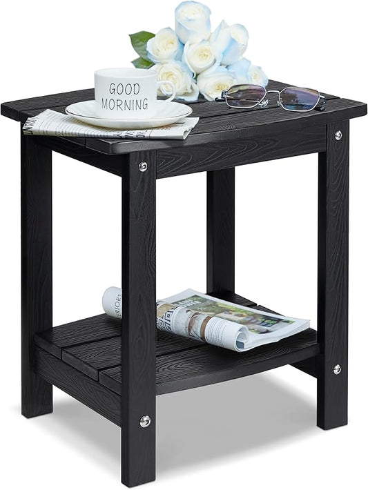 Y&M Outdoor Side Table, HIPS Adirondack Small Double Layer Table, Waterproof Square Outside Table, Balcony Modern End Tables for Patio, Pool, Beach, Porch, Deck, Indoor or Outdoor Use, Black