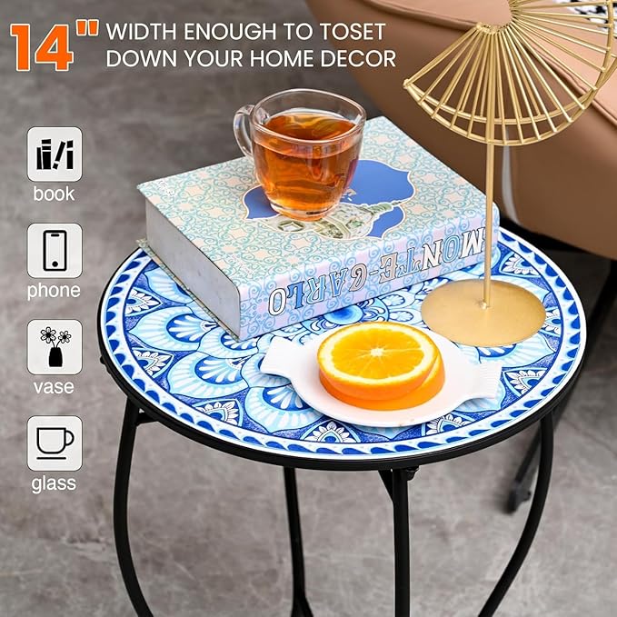 Round Side Table, 14” Patio Accent Weather Resistant Metal Side Table for Livingroom Patio Balcony Yard Porch Garden, Indoor Outdoor Small Plant Stand