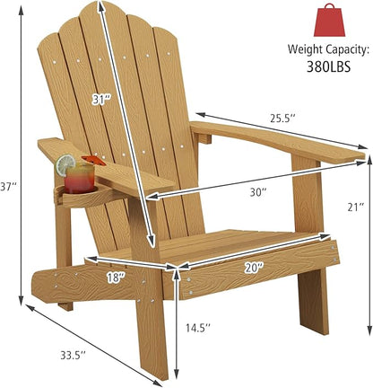 Tangkula Oversized Adirondack Chair, Patio Lounge Chairs w/Adjustable Cup Holder, HIPS Armchairs Slatted Chair, Outdoor Weather Resistant Fire Pit Chair for Deck Backyard Garden Porch (2, Teak)
