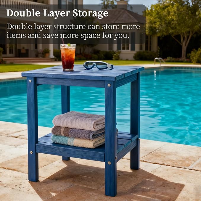 Outdoor Side Table, Double Layer Small Side Tables,All Weather Adirondack Side Table, Waterproof Outdoor End Tables for Patio, Pool, Porch (Navy Blue)