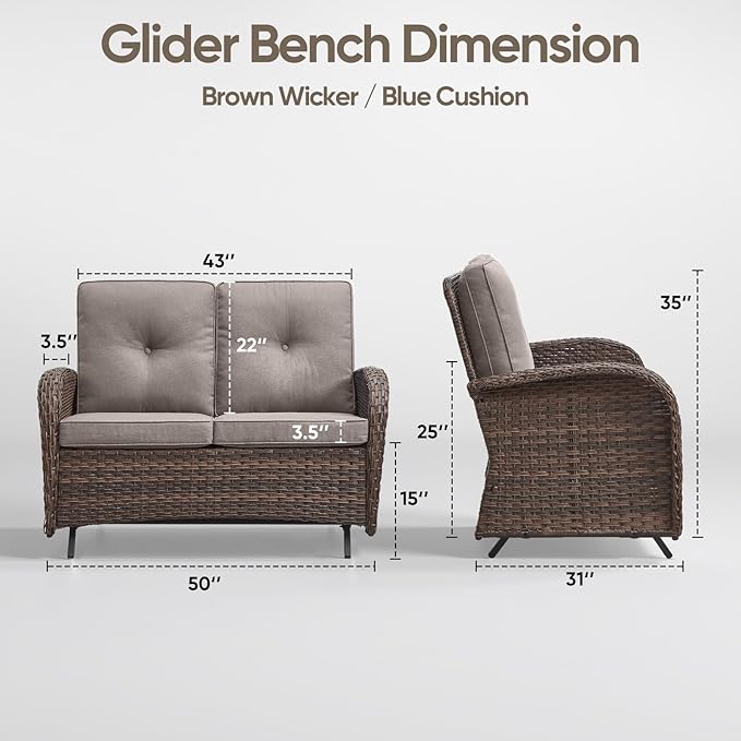 Patio Loveseat Wicker Loveseat Rattan Glider Sofa with Curved Armrest Thicking Back & Seat Cushions for Garden Balcony - Photo 2