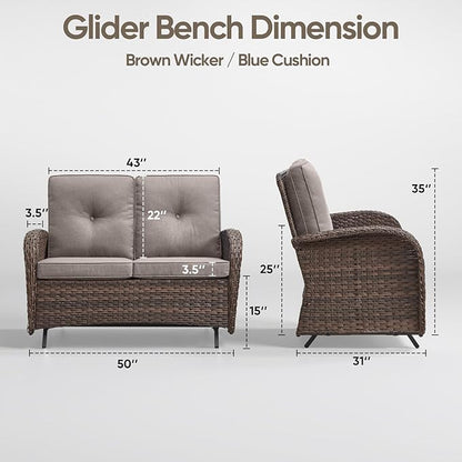 Patio Loveseat Wicker Loveseat Rattan Glider Sofa with Curved Armrest Thicking Back & Seat Cushions for Garden Balcony Backyard Brown Wicker|Grey Cushions (B) Patio Loveseat Glider