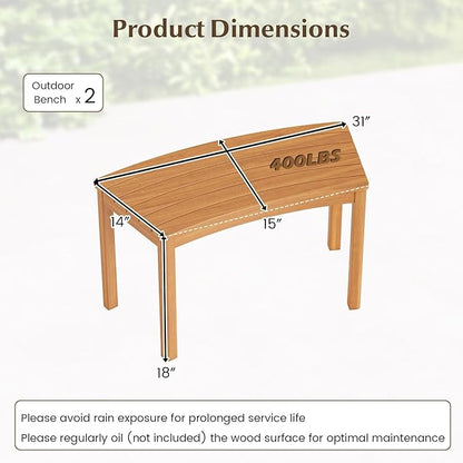 Tangkula Acacia Wood Outdoor Curved Bench Set of 2, Patio Garden Backless Fire Pit Bench with 800 lbs Weight Capacity, Outside Seating Furniture for Front Porch, Deck & Backyard
