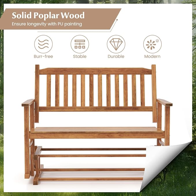 Tangkula 2 Person Outdoor Glider Bench, Poplar Wood Patio Swing Glider Loveseat with Armrests, Slatted Seat & Backrest - Photo 9