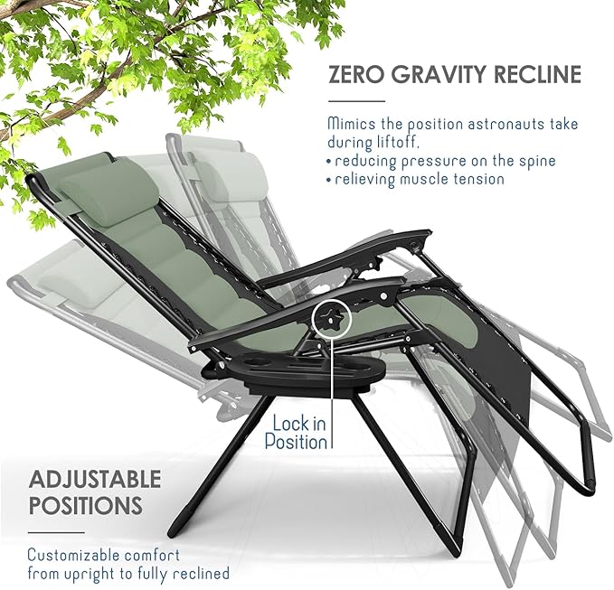 Nestl Outdoor Padded Zero Gravity Chair, Patio Lounge Chair Outdoor Recliner, Oversized Anti Gravity Lounger with Adjustable Headrest and Cup Holder, Foldable for Camping, Yard - Black/Sage Green