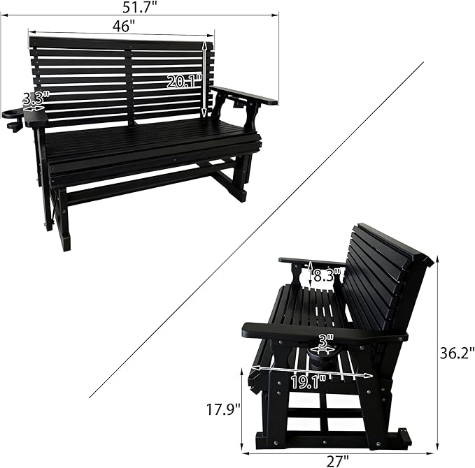 HDPE Patio Glider, Poly Lumber Weather-Resistant Outdoor Glider Bench, for Patio, Porch, Yard (Carbon Black, 2-Seater)