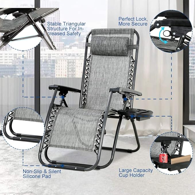 Dkeli Zero Gravity Chair Patio Chair Lounge Chair Chaise 2 Pack Outdoor Folding Adjustable Recliner Chair with Cup Holder Tray and Pillows for Patio, Pool, Beach, Lawn, Deck, Yard - Grey