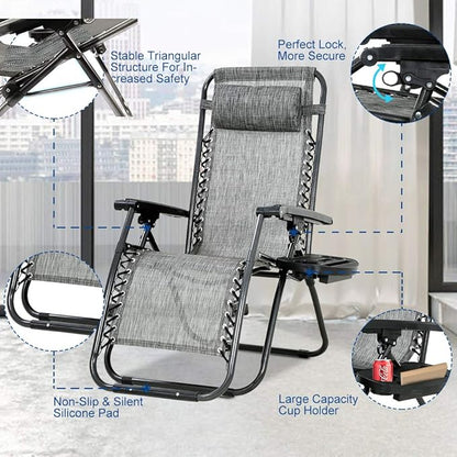 Dkeli Zero Gravity Chair Patio Chair Lounge Chair Chaise 2 Pack Outdoor Folding Adjustable Recliner Chair with Cup Holder Tray and Pillows for Patio, Pool, Beach, Lawn, Deck, Yard - Grey